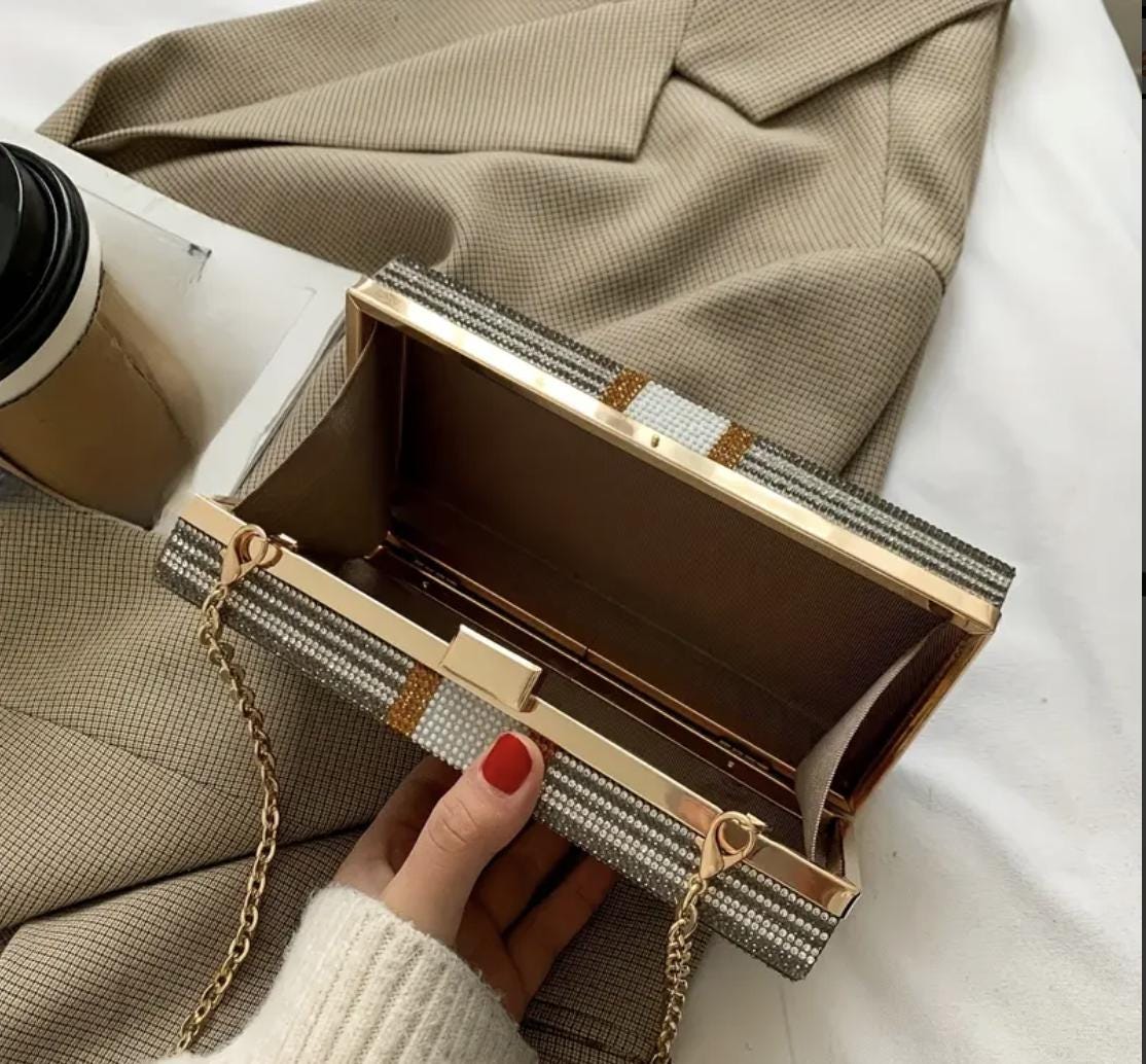 Rhinestone Dollar Bill Clutch: Sparkly Evening Bag with Chain Strap