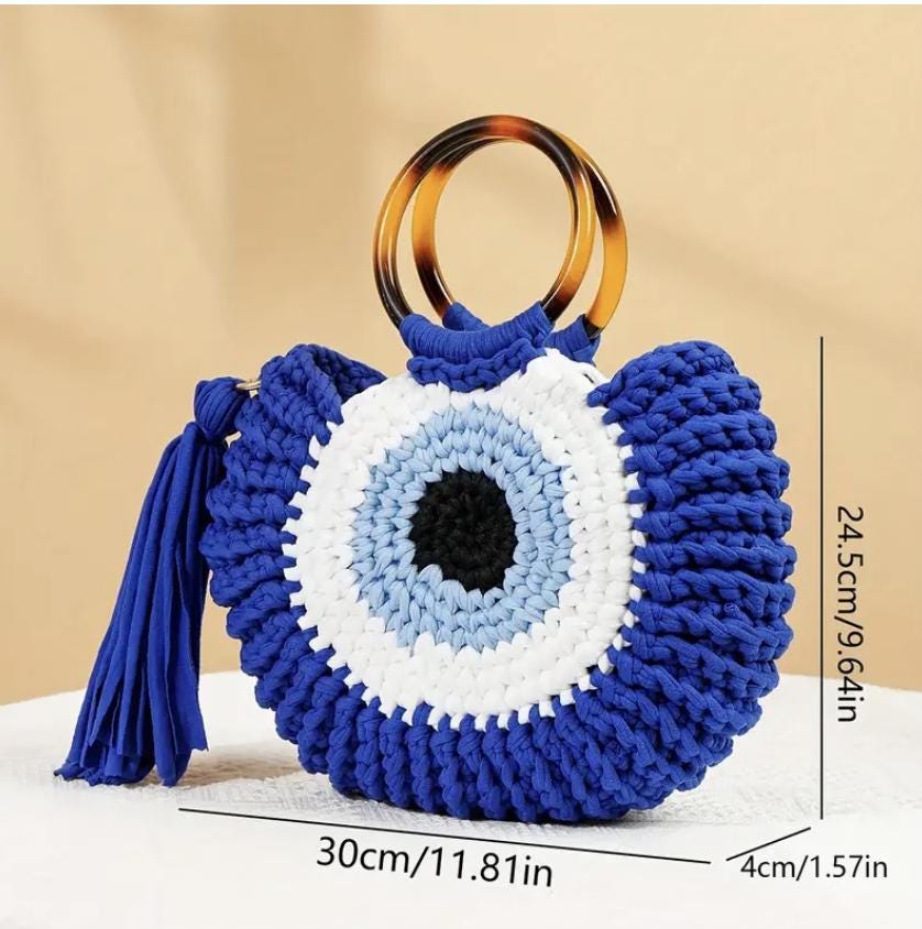 Boho Evil Eye Crochet Bag: Handmade Woven Tote with Tassel