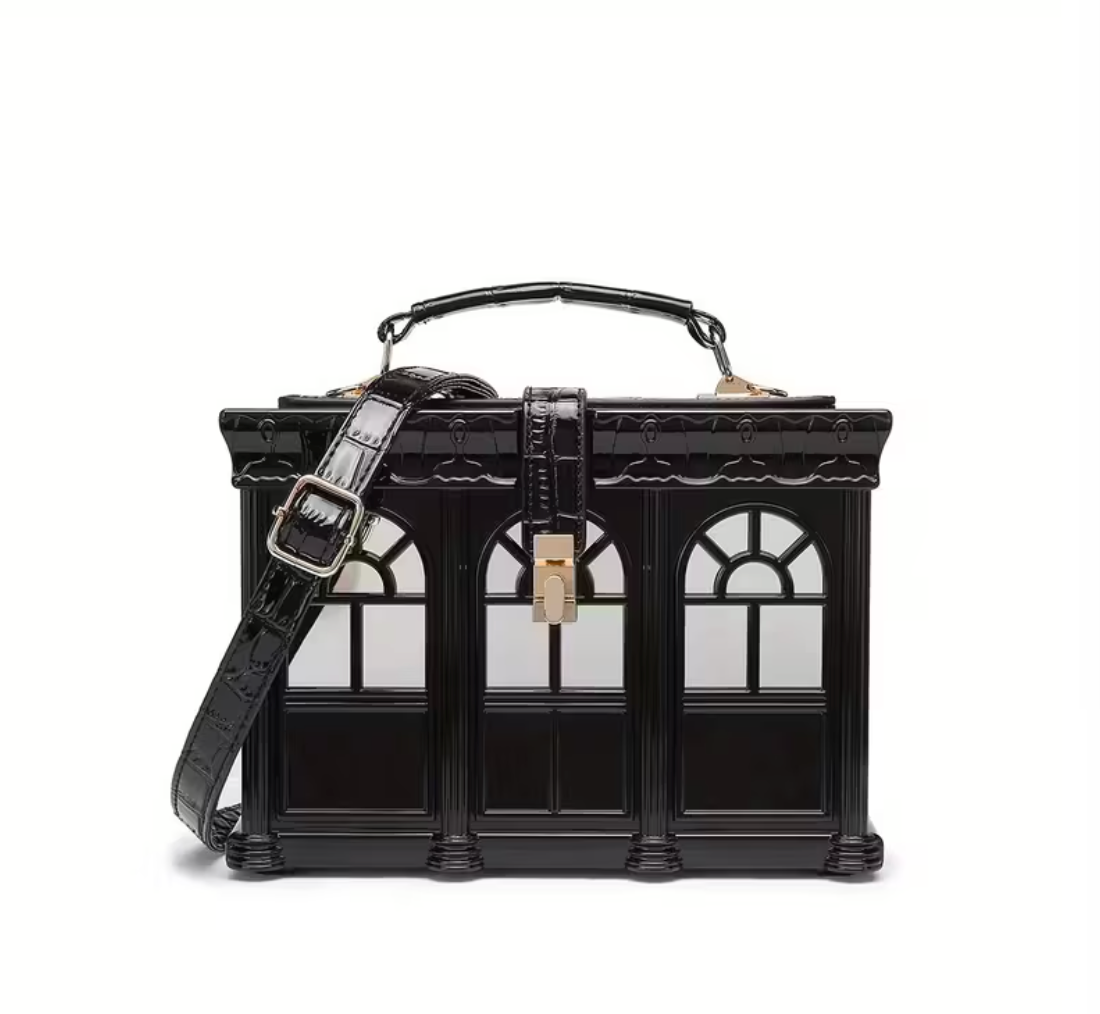 House-Shaped Black Handbag with Adjustable Strap