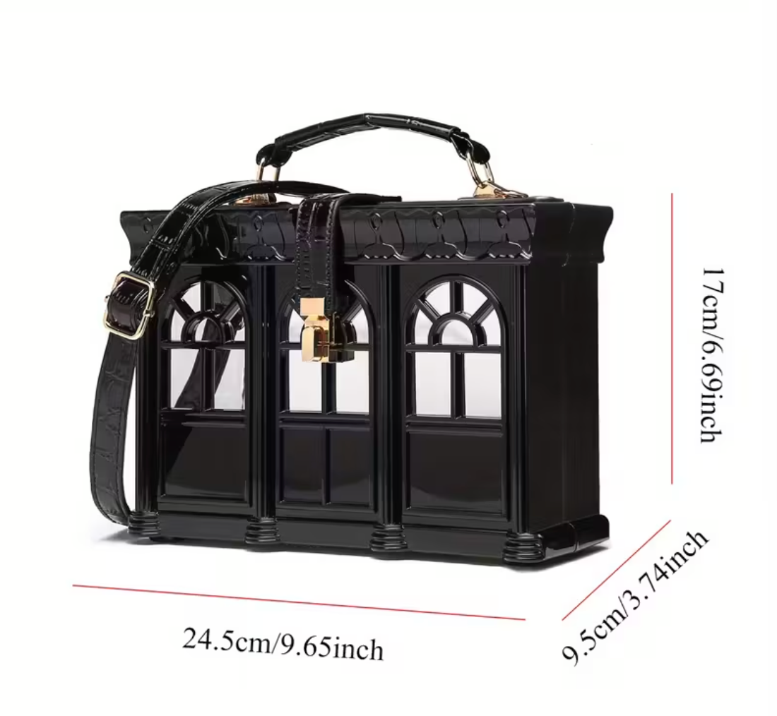 House-Shaped Black Handbag with Adjustable Strap