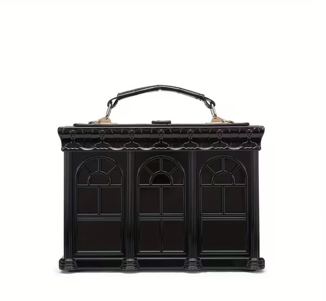 House-Shaped Black Handbag with Adjustable Strap