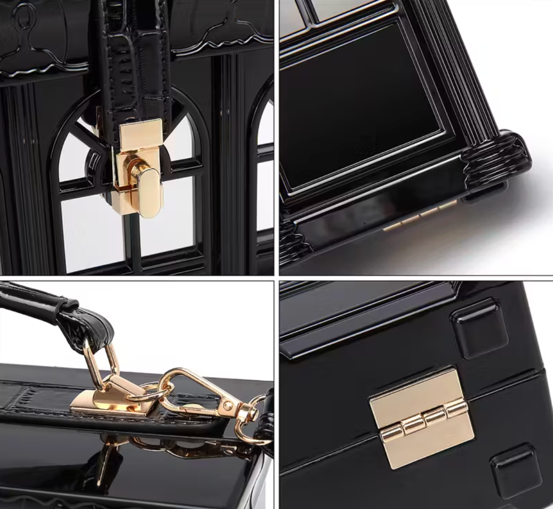 House-Shaped Black Handbag with Adjustable Strap