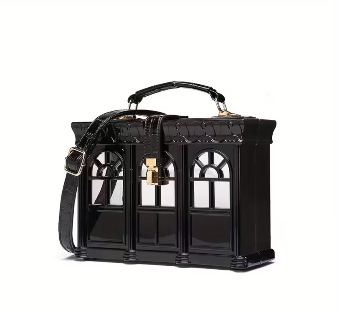 House-Shaped Black Handbag with Adjustable Strap