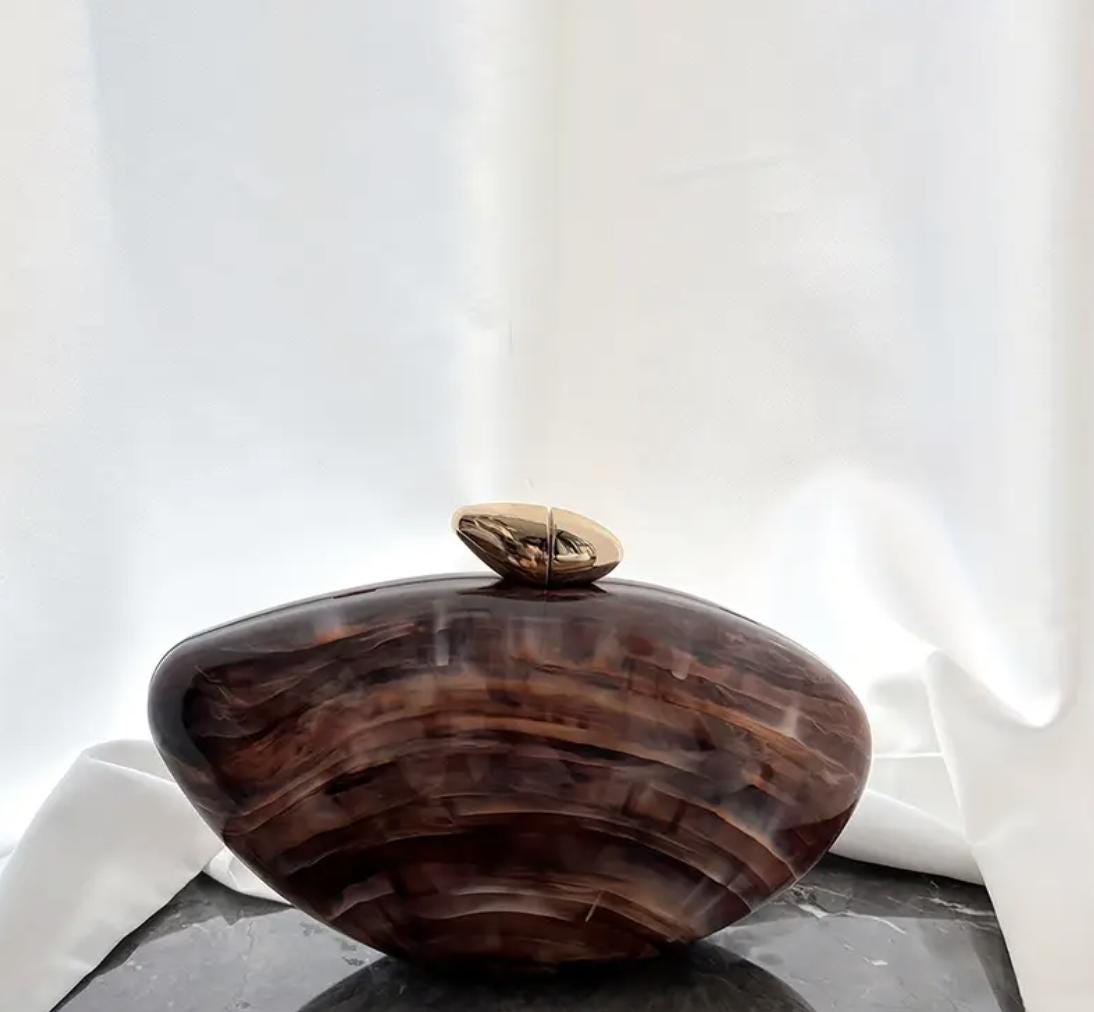 Minimalist Brown Acrylic Clutch: Pearl Chain Strap Evening Bag