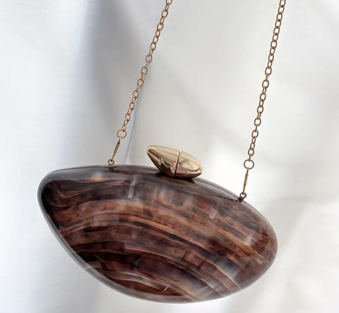 Minimalist Brown Acrylic Clutch: Pearl Chain Strap Evening Bag