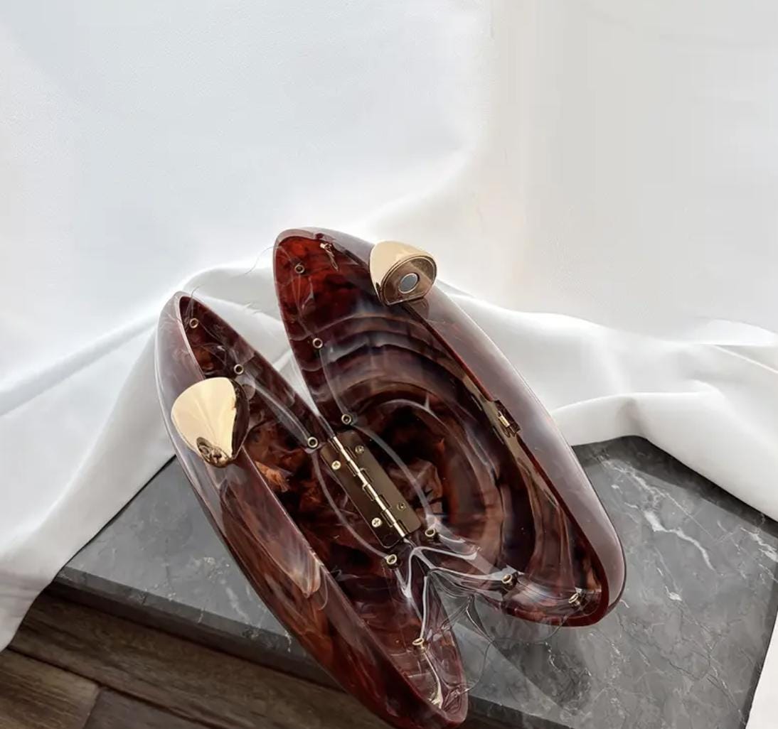 Minimalist Brown Acrylic Clutch: Pearl Chain Strap Evening Bag