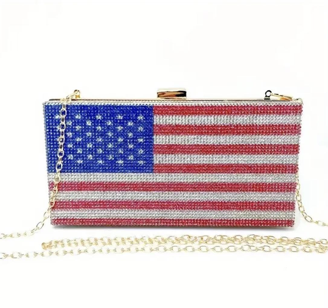 Rhinestone Evening Clutch: Red White Blue Party Handbag with Chain