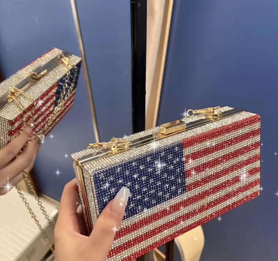 Rhinestone Evening Clutch: Red White Blue Party Handbag with Chain