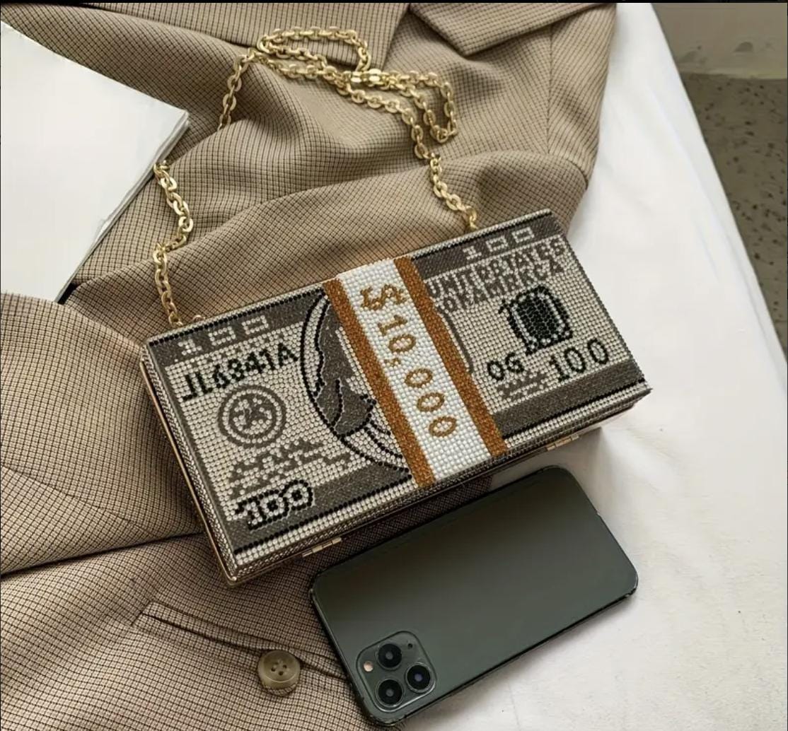 Rhinestone Dollar Bill Clutch: Sparkly Evening Bag with Chain Strap