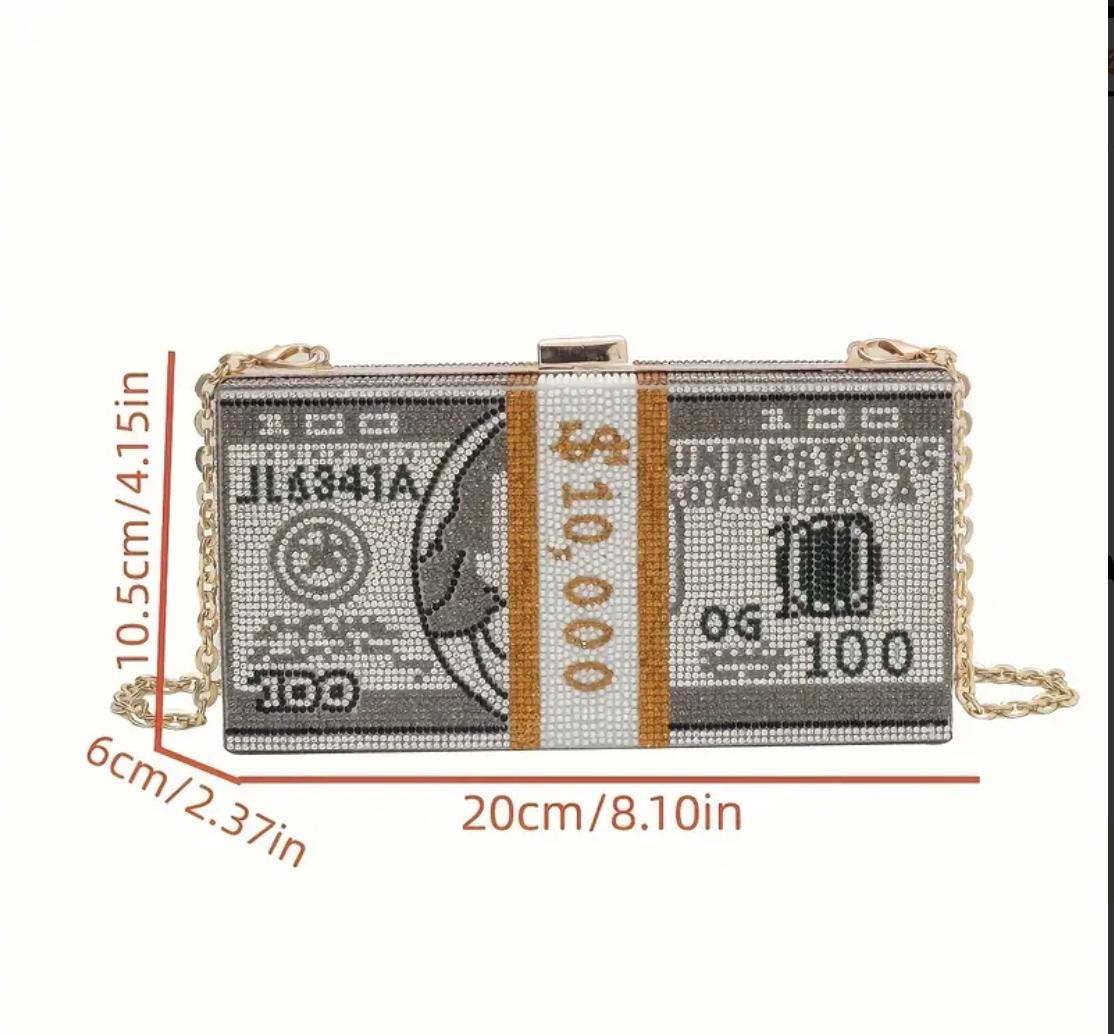 Rhinestone Dollar Bill Clutch: Sparkly Evening Bag with Chain Strap