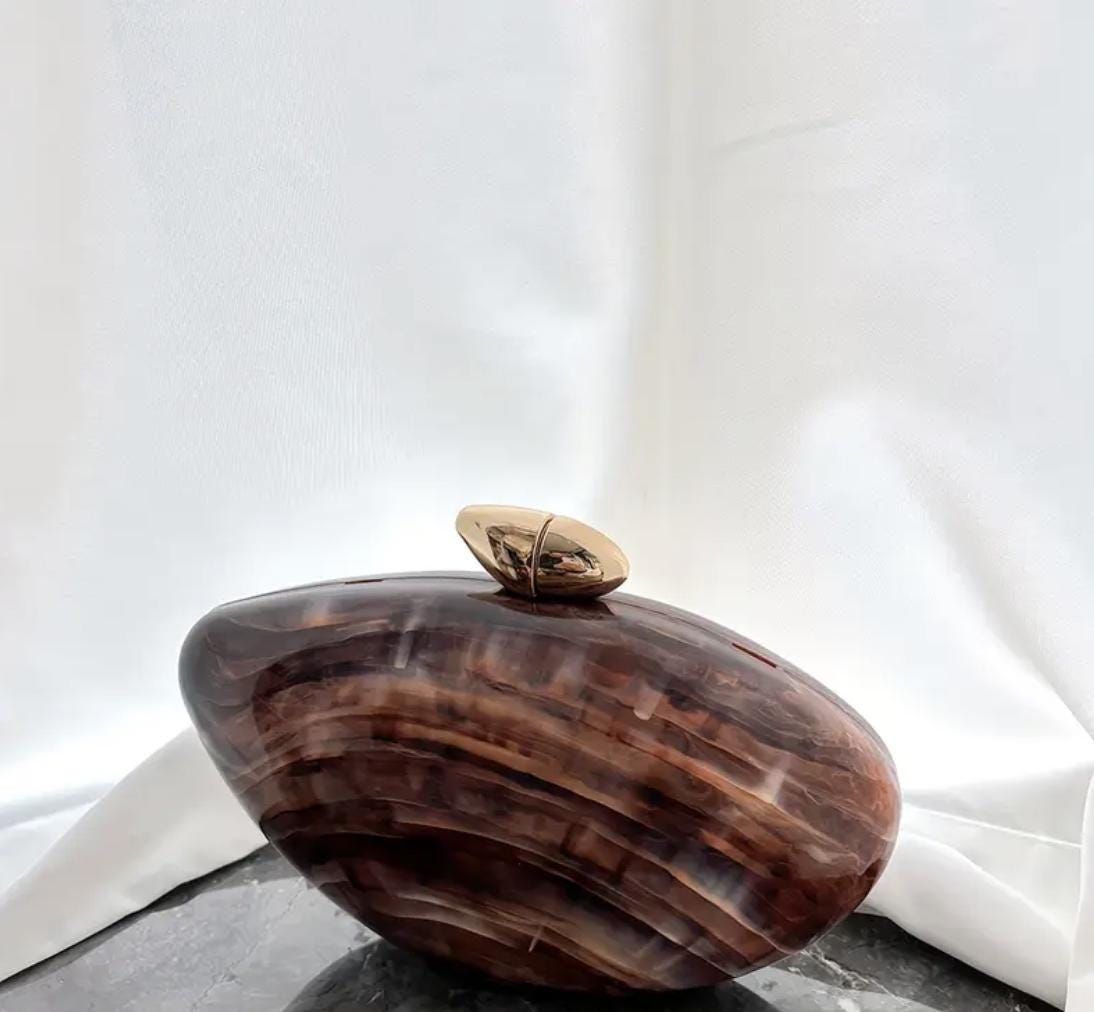 Minimalist Brown Acrylic Clutch: Pearl Chain Strap Evening Bag