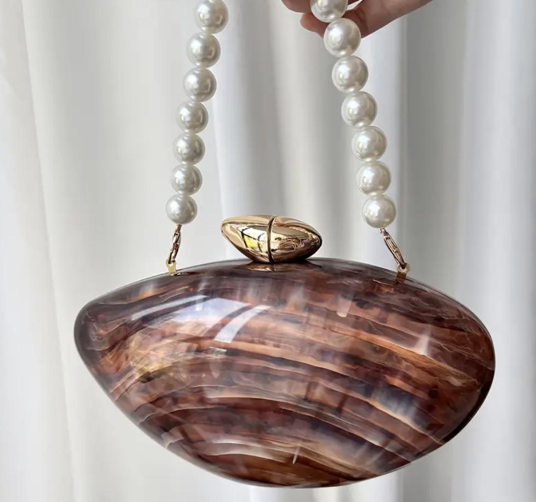 Minimalist Brown Acrylic Clutch: Pearl Chain Strap Evening Bag