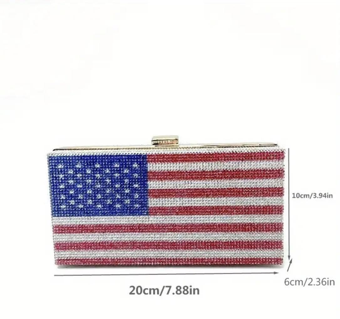 Rhinestone Evening Clutch: Red White Blue Party Handbag with Chain