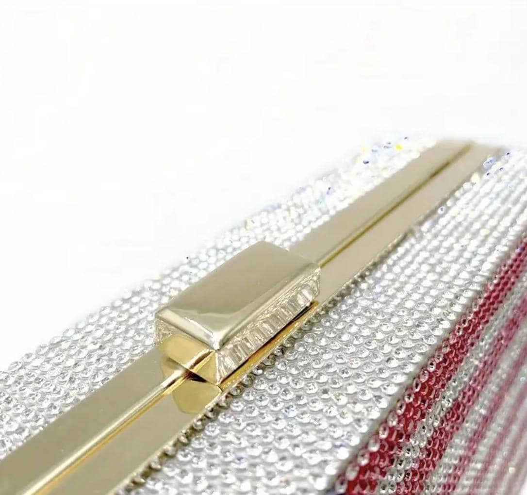 Rhinestone Evening Clutch: Red White Blue Party Handbag with Chain