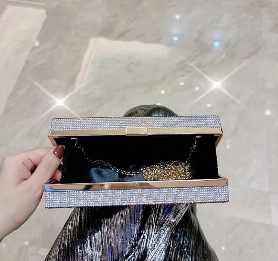 Rhinestone Evening Clutch: Red White Blue Party Handbag with Chain