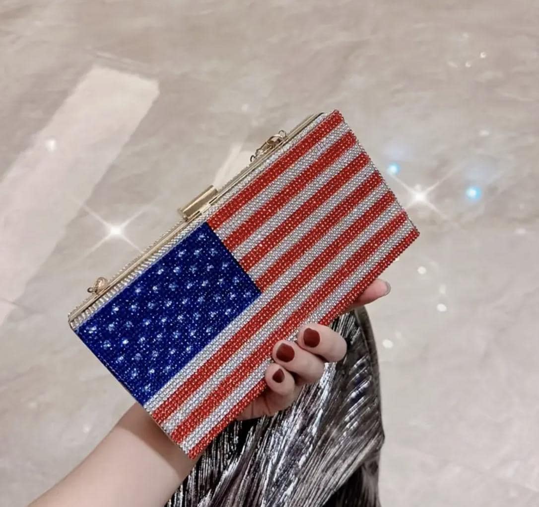 Rhinestone Evening Clutch: Red White Blue Party Handbag with Chain