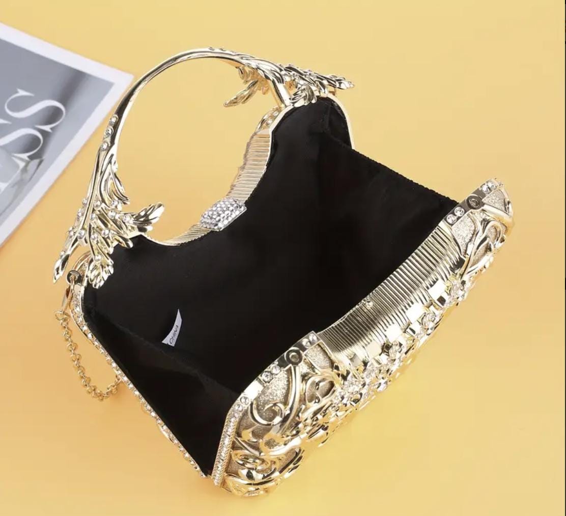 Handcrafted Rhinestone Clutch: Floral Evening Bag with Golden Handle