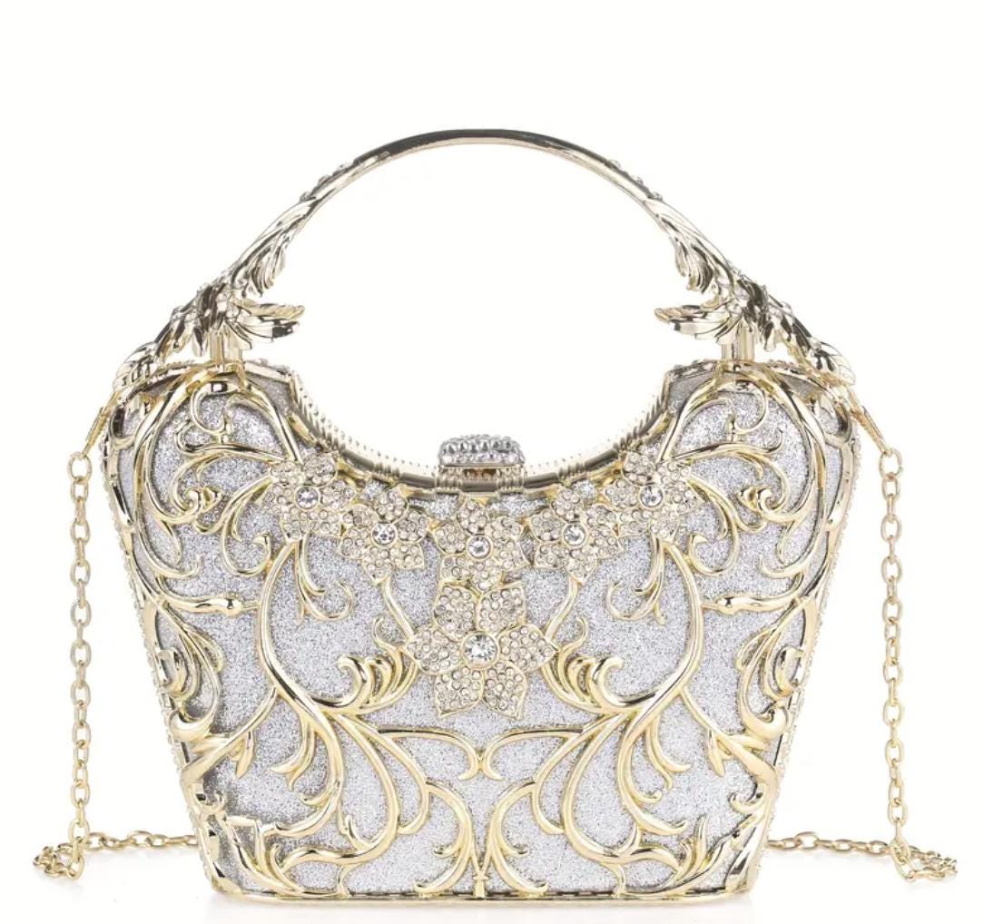 Handcrafted Rhinestone Clutch: Floral Evening Bag with Golden Handle