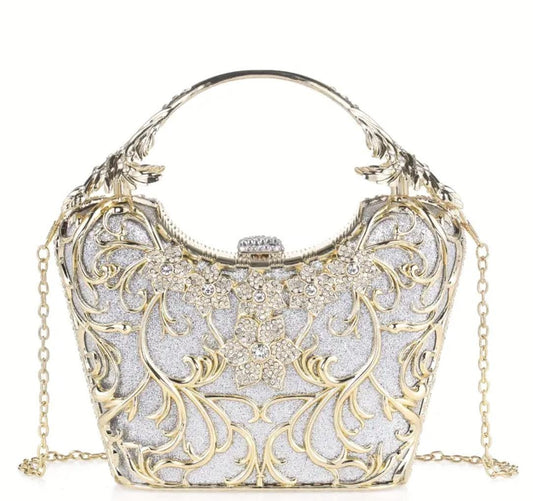 Handcrafted Rhinestone Clutch: Floral Evening Bag with Golden Handle