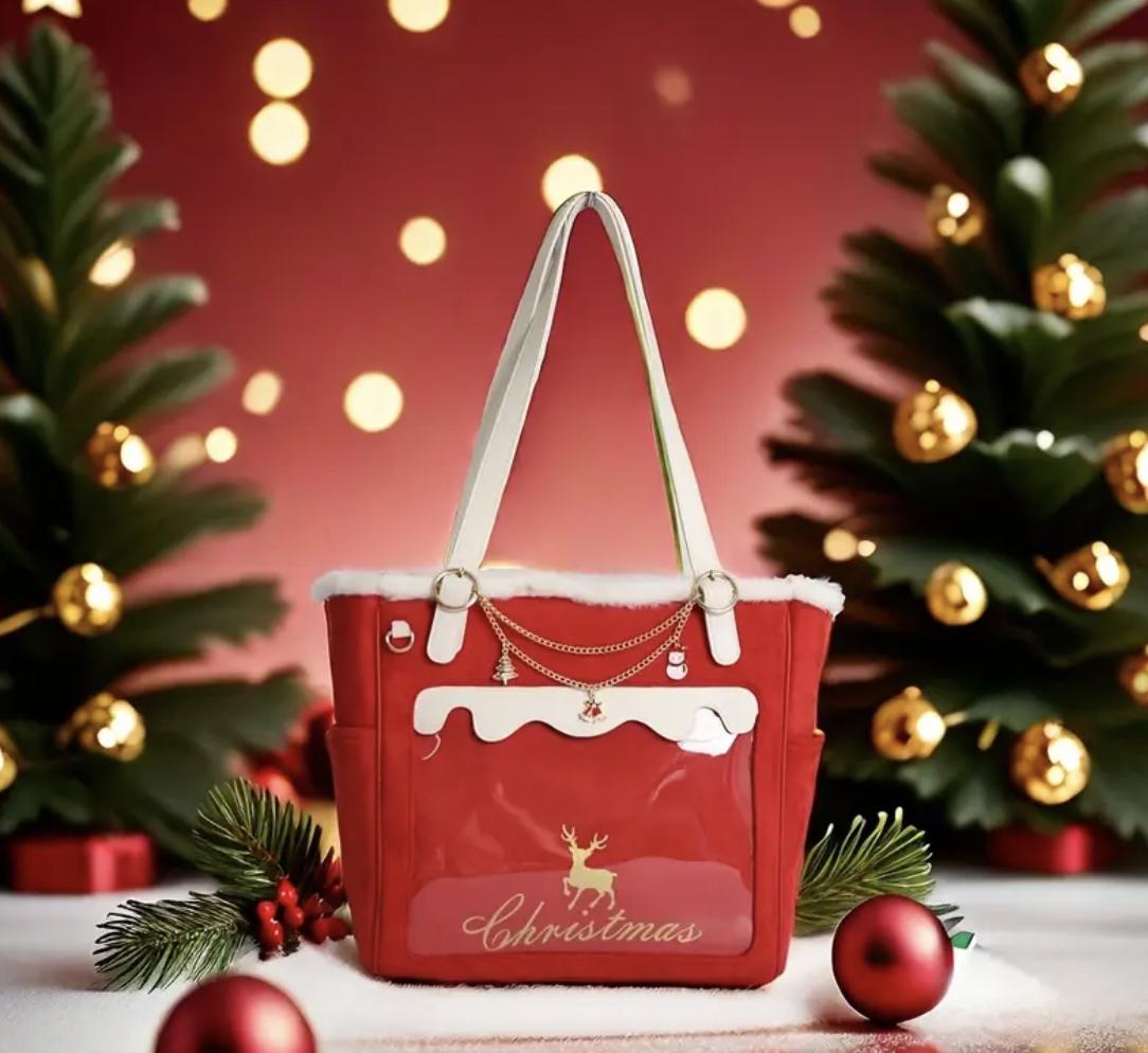 Reindeer Christmas Tote Bag: Festive Faux Leather Holiday Purse