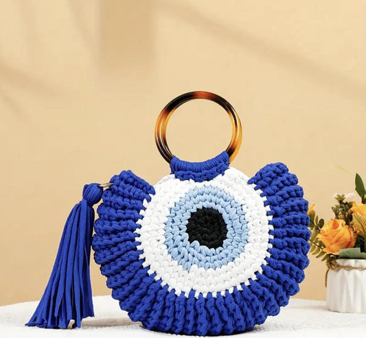 Boho Evil Eye Crochet Bag: Handmade Woven Tote with Tassel