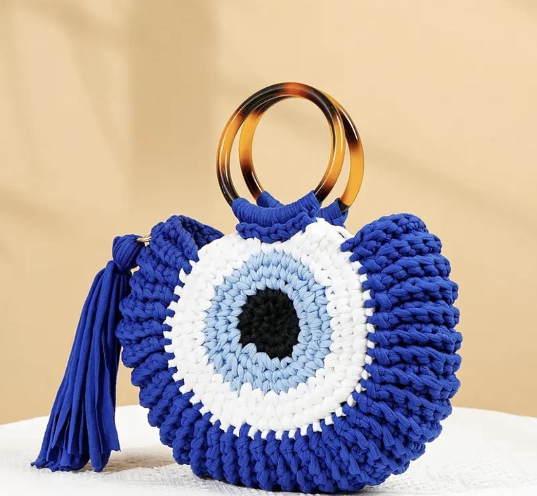 Boho Evil Eye Crochet Bag: Handmade Woven Tote with Tassel