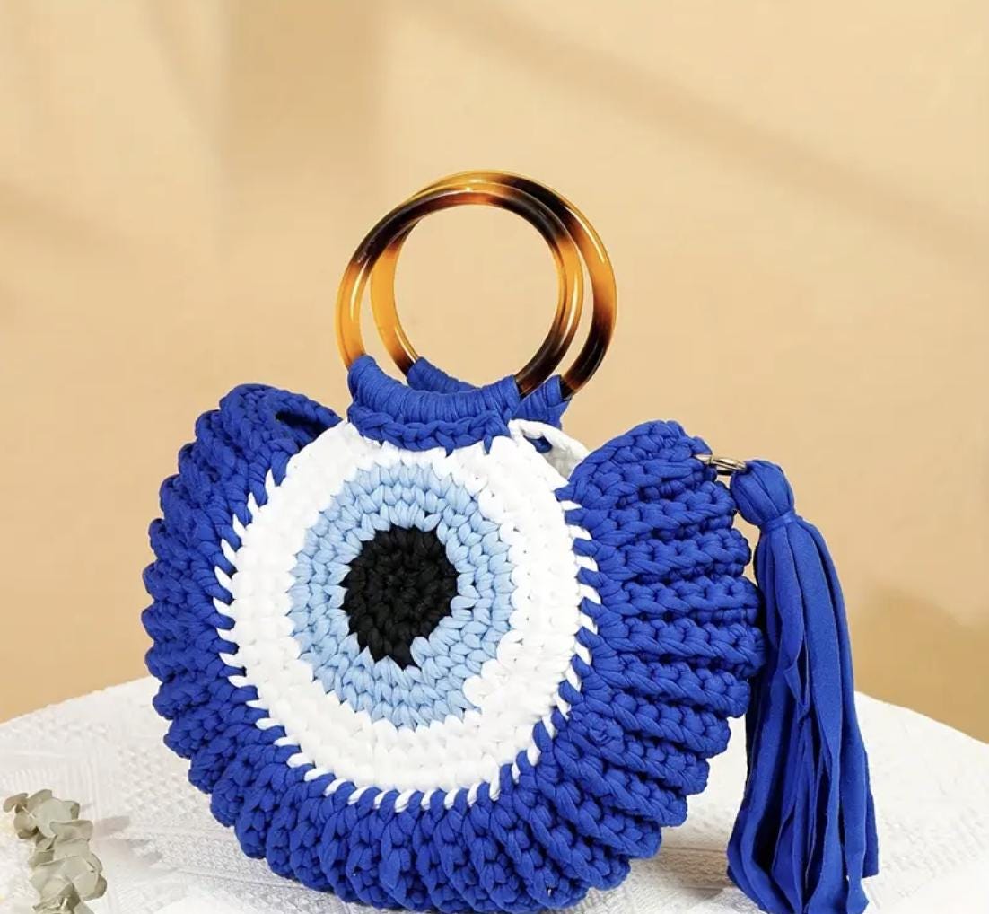Boho Evil Eye Crochet Bag: Handmade Woven Tote with Tassel