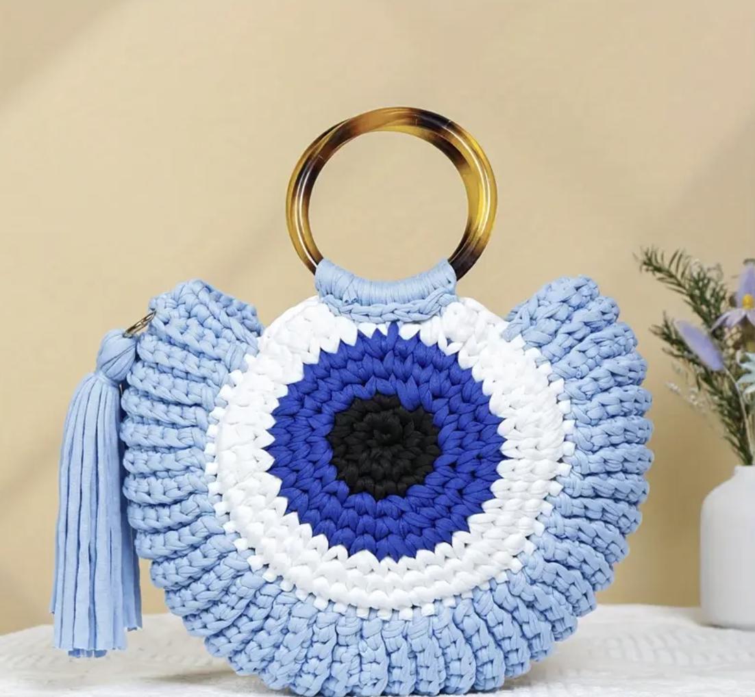 Boho Evil Eye Crochet Bag: Handmade Woven Tote with Tassel