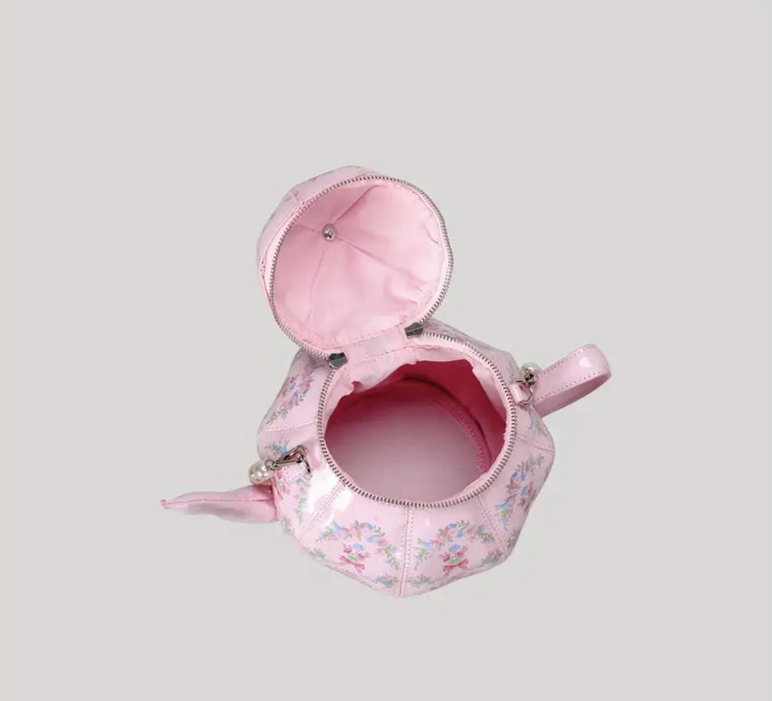 Vintage Teapot Crossbody Bag: Floral Faux Leather Purse with Pearl Handle