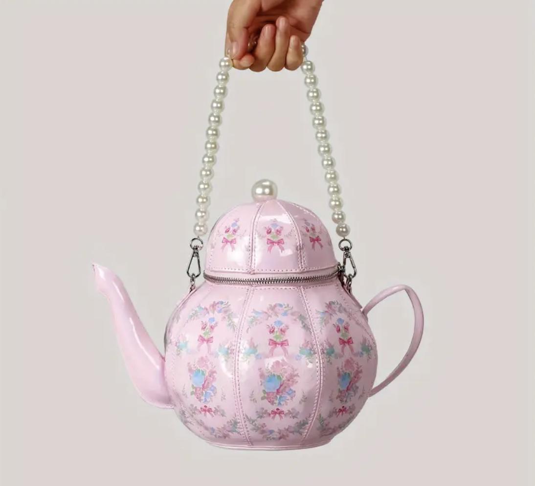 Vintage Teapot Crossbody Bag: Floral Faux Leather Purse with Pearl Handle