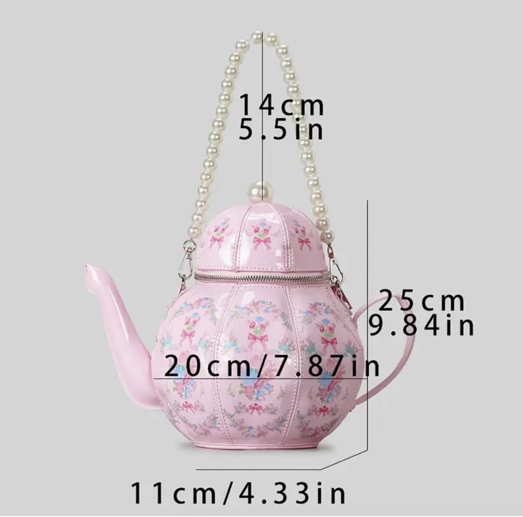 Vintage Teapot Crossbody Bag: Floral Faux Leather Purse with Pearl Handle