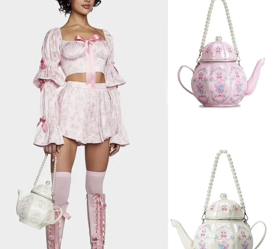 Vintage Teapot Crossbody Bag: Floral Faux Leather Purse with Pearl Handle