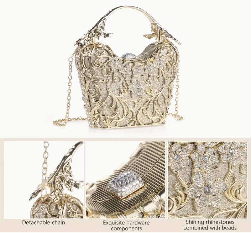 Handcrafted Rhinestone Clutch: Floral Evening Bag with Golden Handle