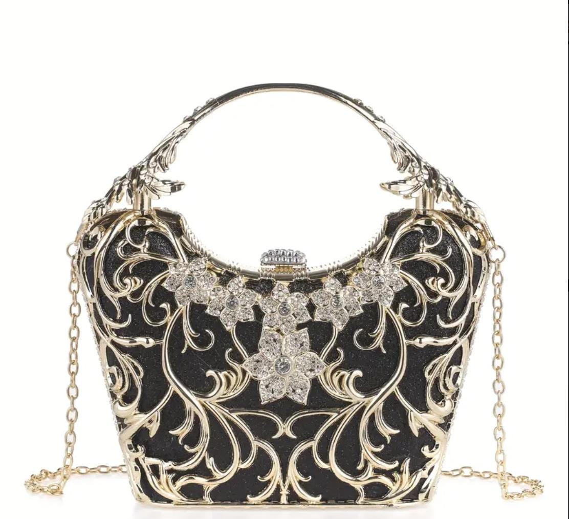 Handcrafted Rhinestone Clutch: Floral Evening Bag with Golden Handle