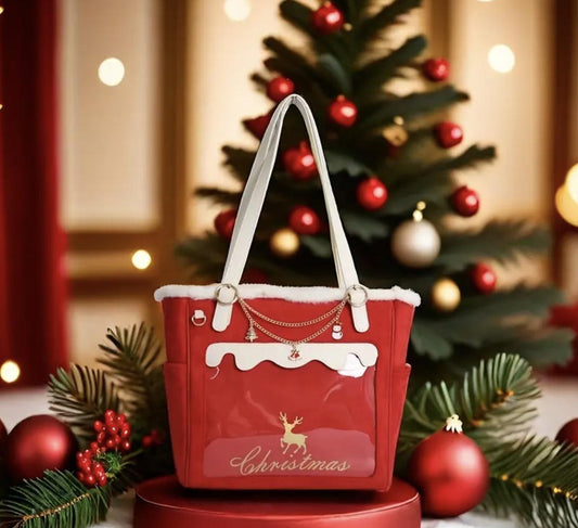 Reindeer Christmas Tote Bag: Festive Faux Leather Holiday Purse