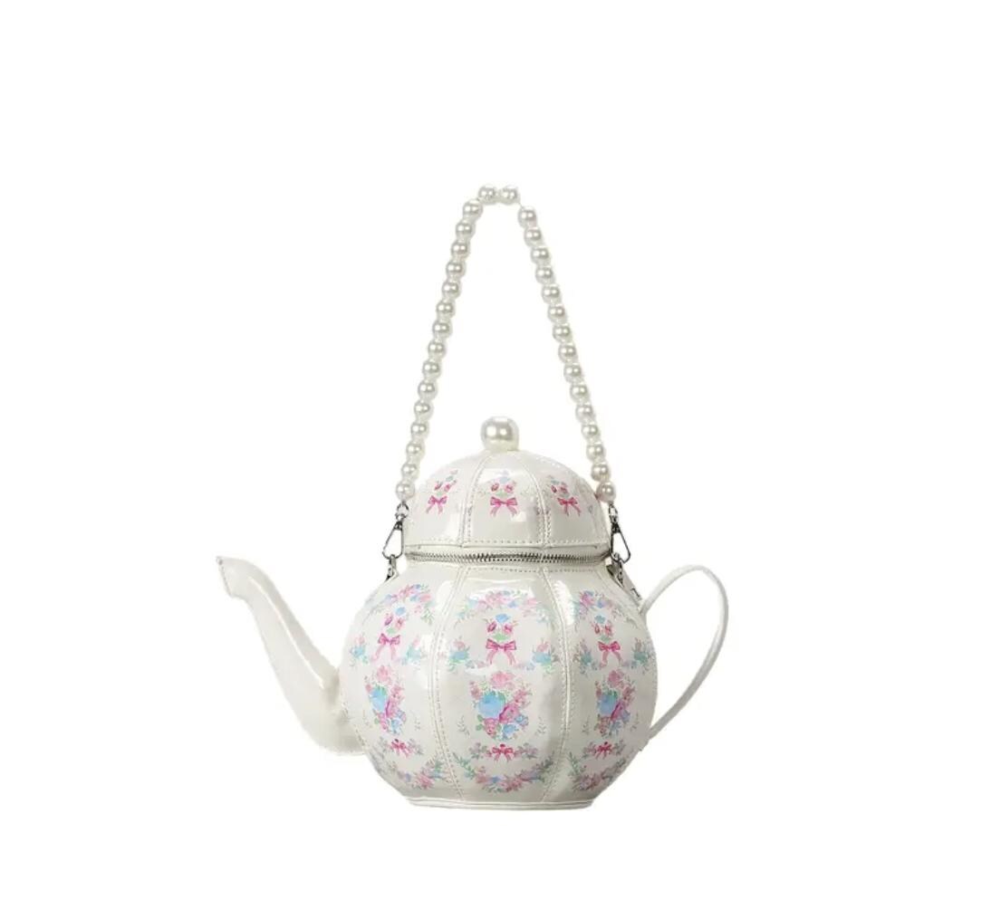 Vintage Teapot Crossbody Bag: Floral Faux Leather Purse with Pearl Handle
