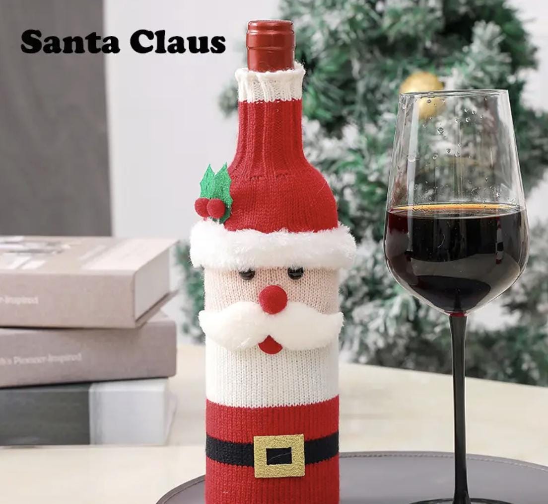Christmas Santa Wine Bottle Cover Set – Knitted Decoration & Gift Sleeve