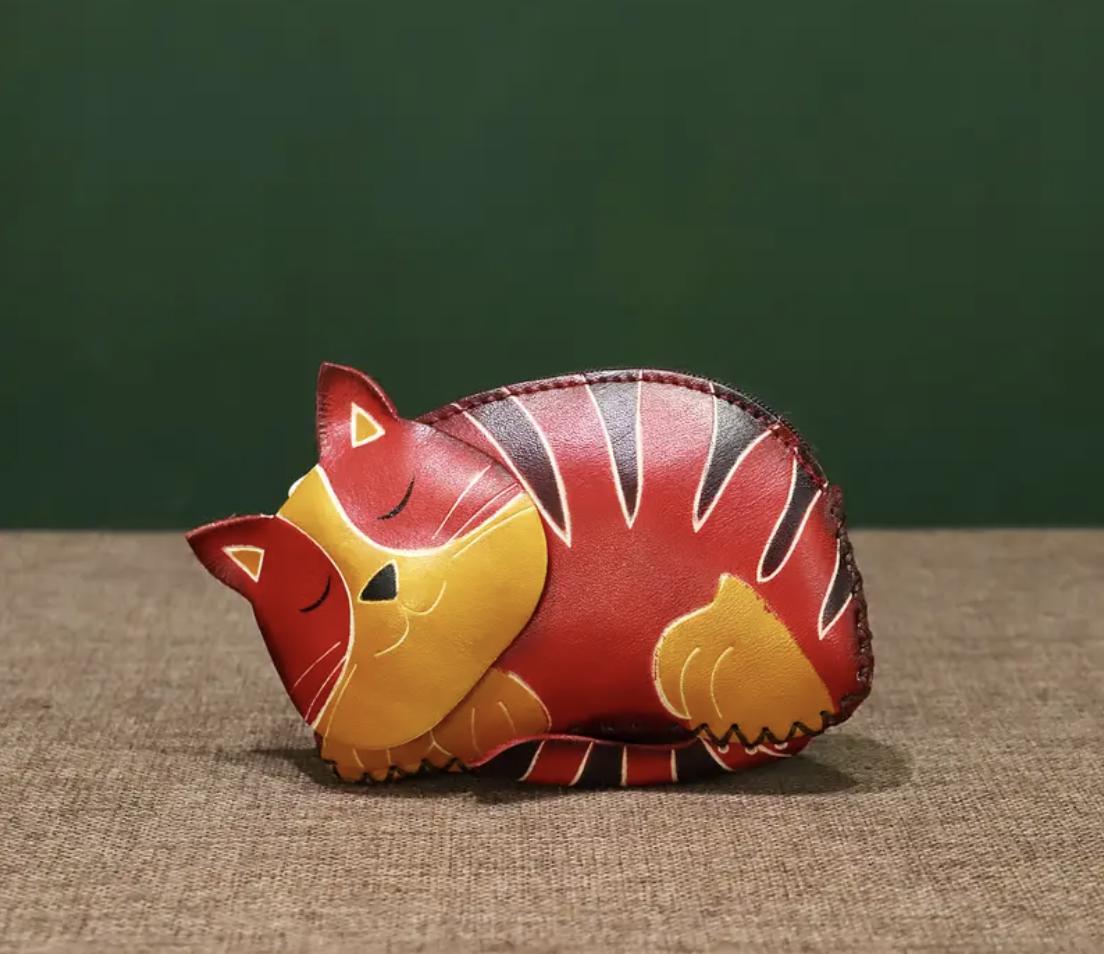 Handmade Leather Cat Coin Purse – Sleeping Kitten Mini Wallet
