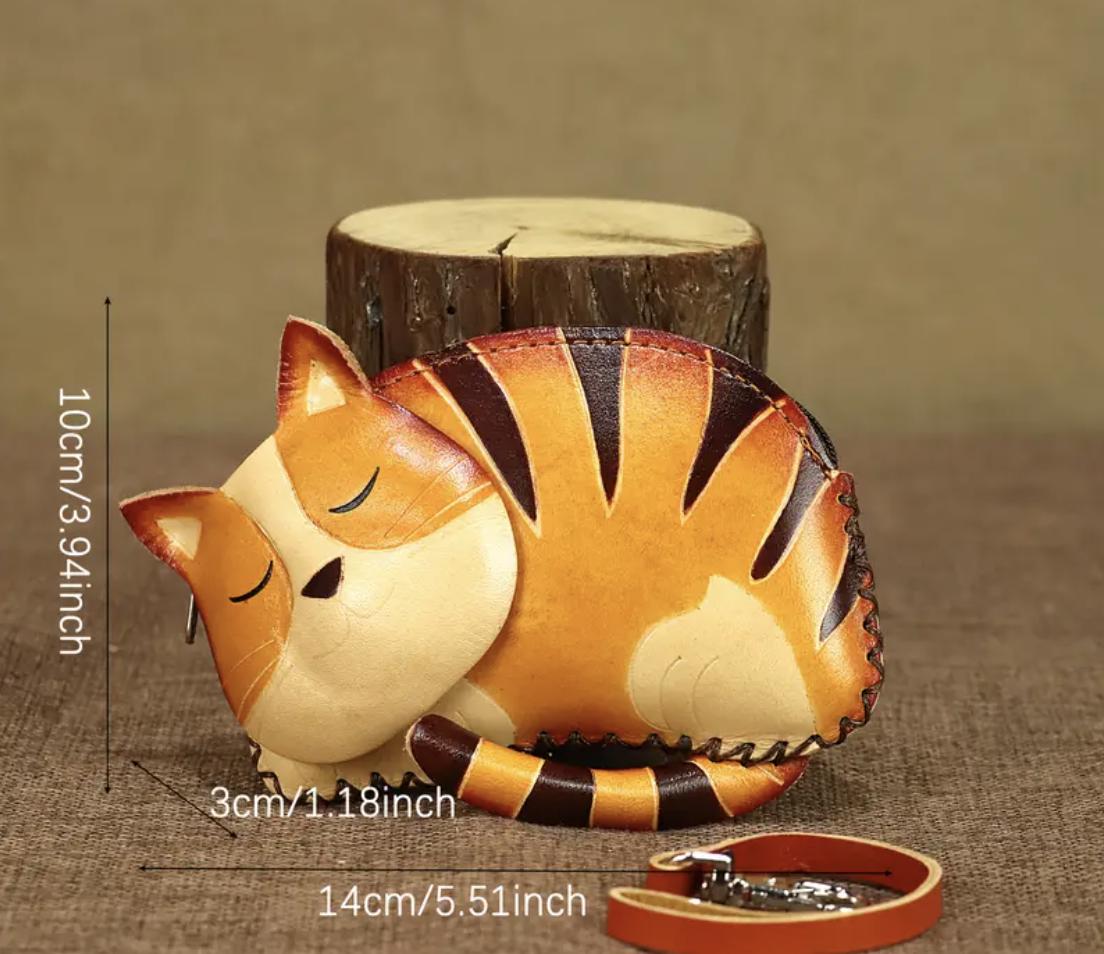 Handmade Leather Cat Coin Purse – Sleeping Kitten Mini Wallet