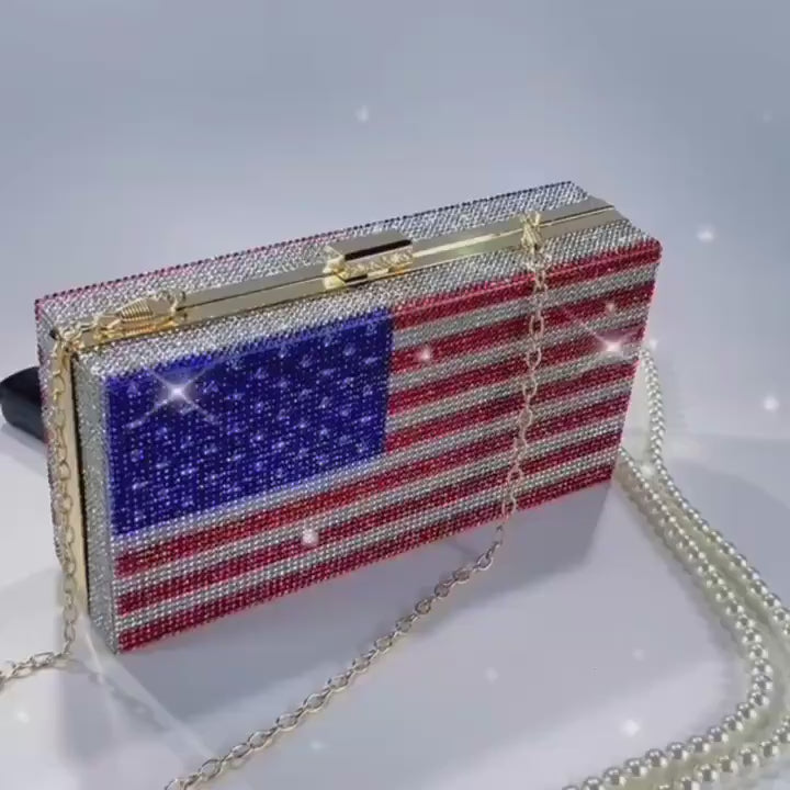 Rhinestone Evening Clutch: Red White Blue Party Handbag with Chain