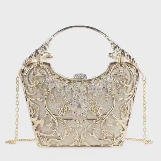Handcrafted Rhinestone Clutch: Floral Evening Bag with Golden Handle